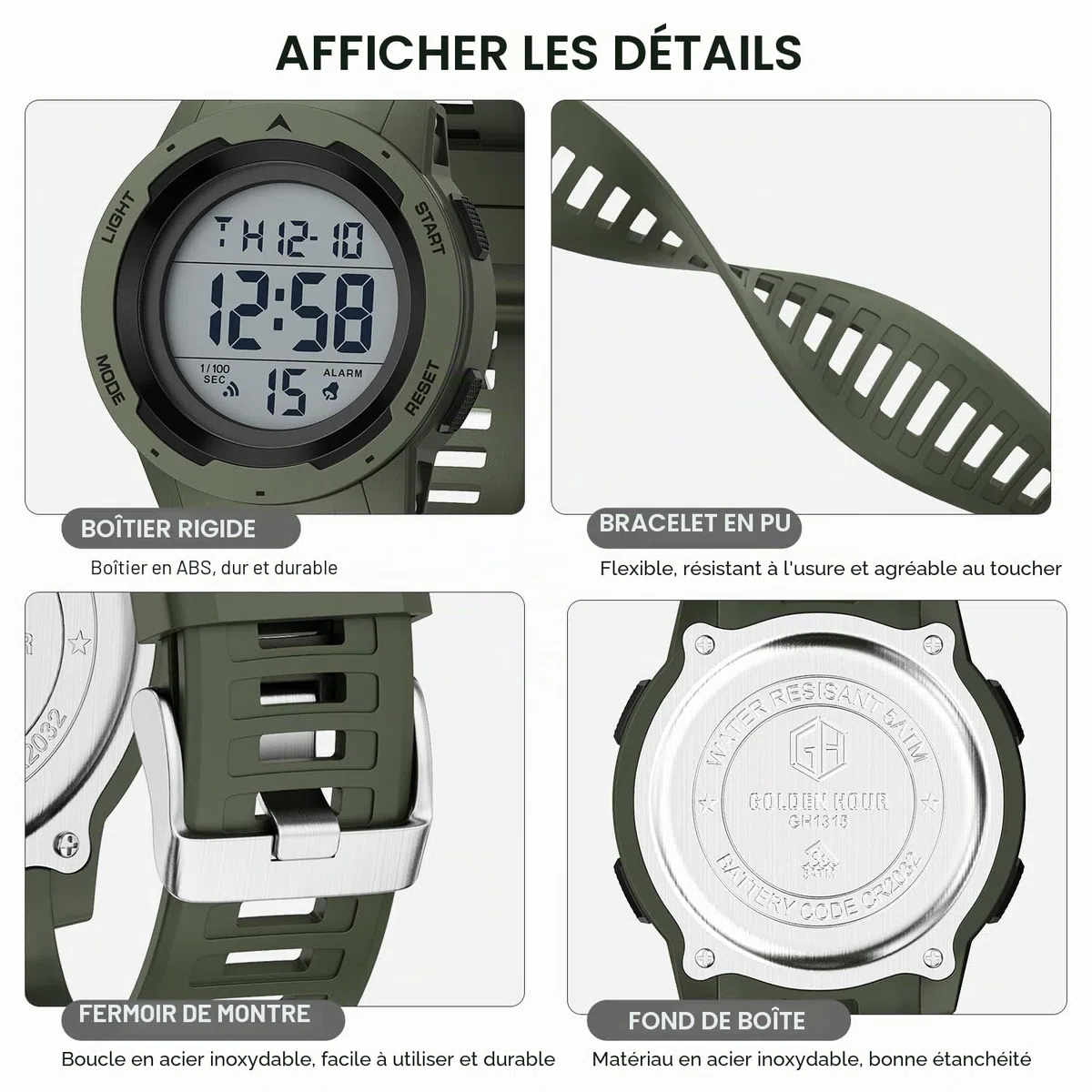 GOLDEN HOUR Montre de Sport numérique étanche pour Homme - Grand écran Facile à Lire - Style Militaire avec Bracelet en Caoutchouc