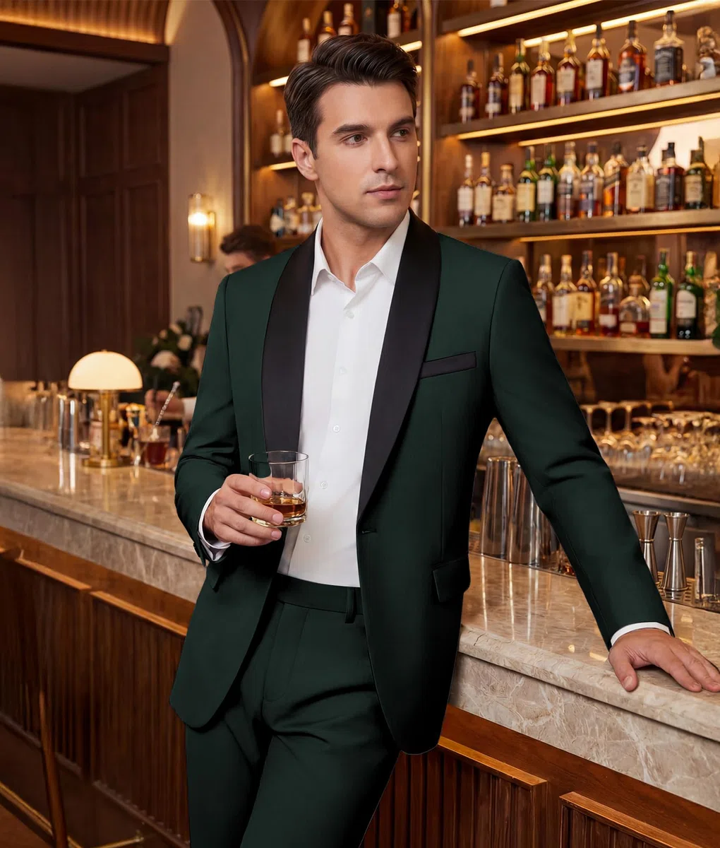 Costume Homme 2 Pièces Slim Fit Smoking Revers Châle 1 Bouton Veste et Pantalon pour Mariage Cérémonie Dîner Business Bal de Promo