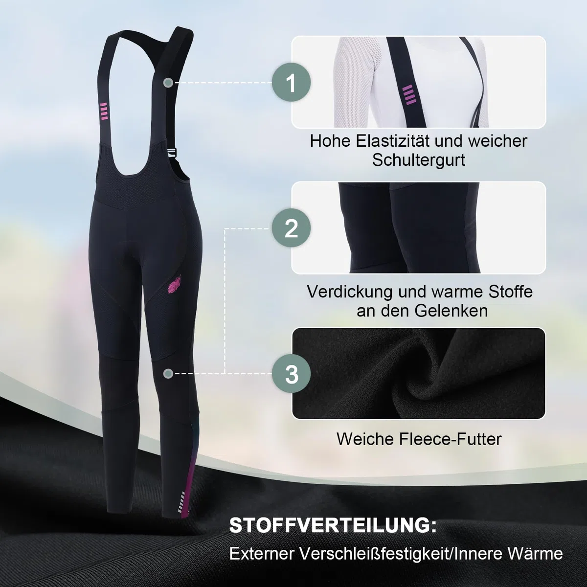 Santic Pantalon de cyclisme long à bretelles pour femme avec rembourrage de siège, fermeture éclair thermique au niveau de la jambe, super élastique, chaud, legging de cyclisme
