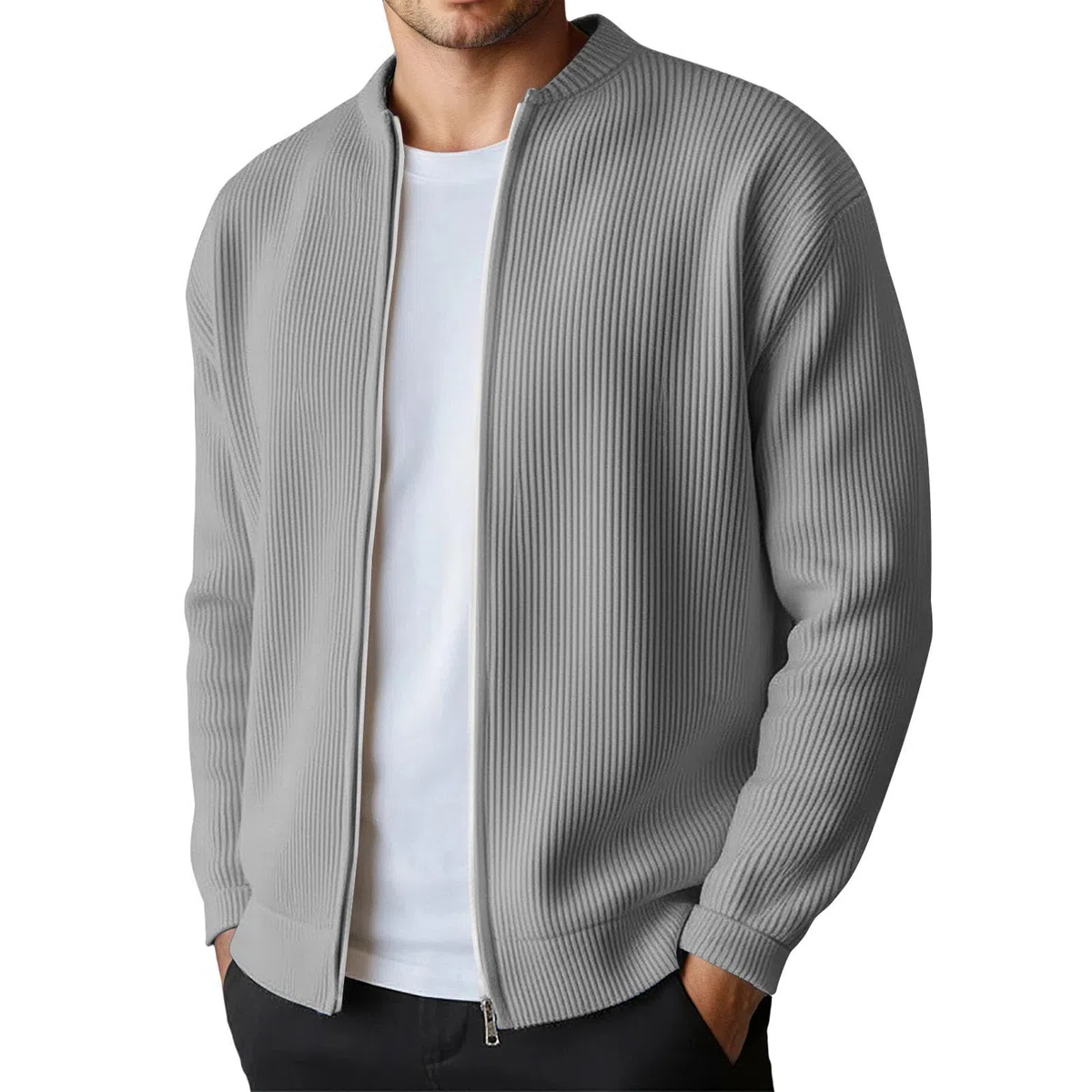 Cardigan pour homme avec fermeture éclair - Pull sans capuche - Motif torsadé - Veste décontractée en tricot côtelé - Manches longues - Manteau en tricot uni