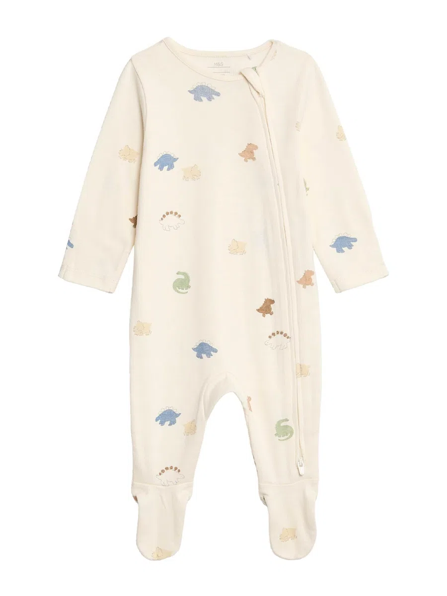 Marks & Spencer Grenouillères Bébé Lot de 3 en Pur Coton Imprimé Dinosaures, Mixte Garçon et Fille, Coupe Standard