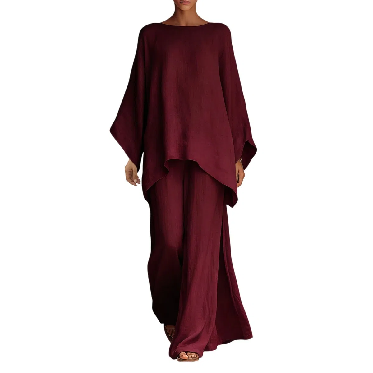 Ensemble Lin Femme 2 Pieces Chic Décontracté Léger Manches Longue Chemise Col V Et Pantalon Fluide Imprimé Bohème Ample Lâche Tenue Grande Taille Décontractée Elegant Bohème Été Loungewear De Maison