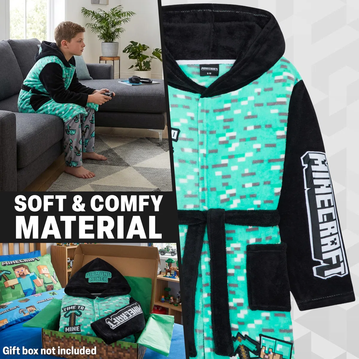 Get Trend Minecraft Robe Enfant et Ado, Robe de Chambre Polaire à Capuche avec Poches Loungewear Hiver, Idée Cadeau Creeper