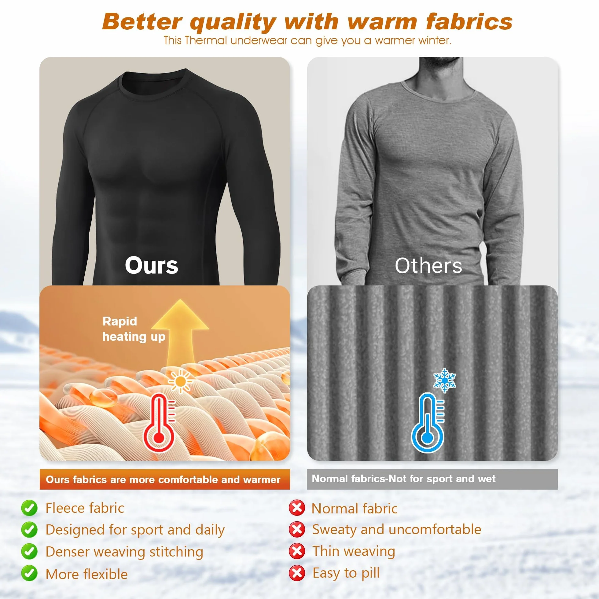 sous Vetement Thermique Homme Hiver sous-Vêtements Thermiques Homme sous Pull Thermique Énsemble Ski Collant Elasticité Ensemble Thermique Respirant sous Pantalon Thermique