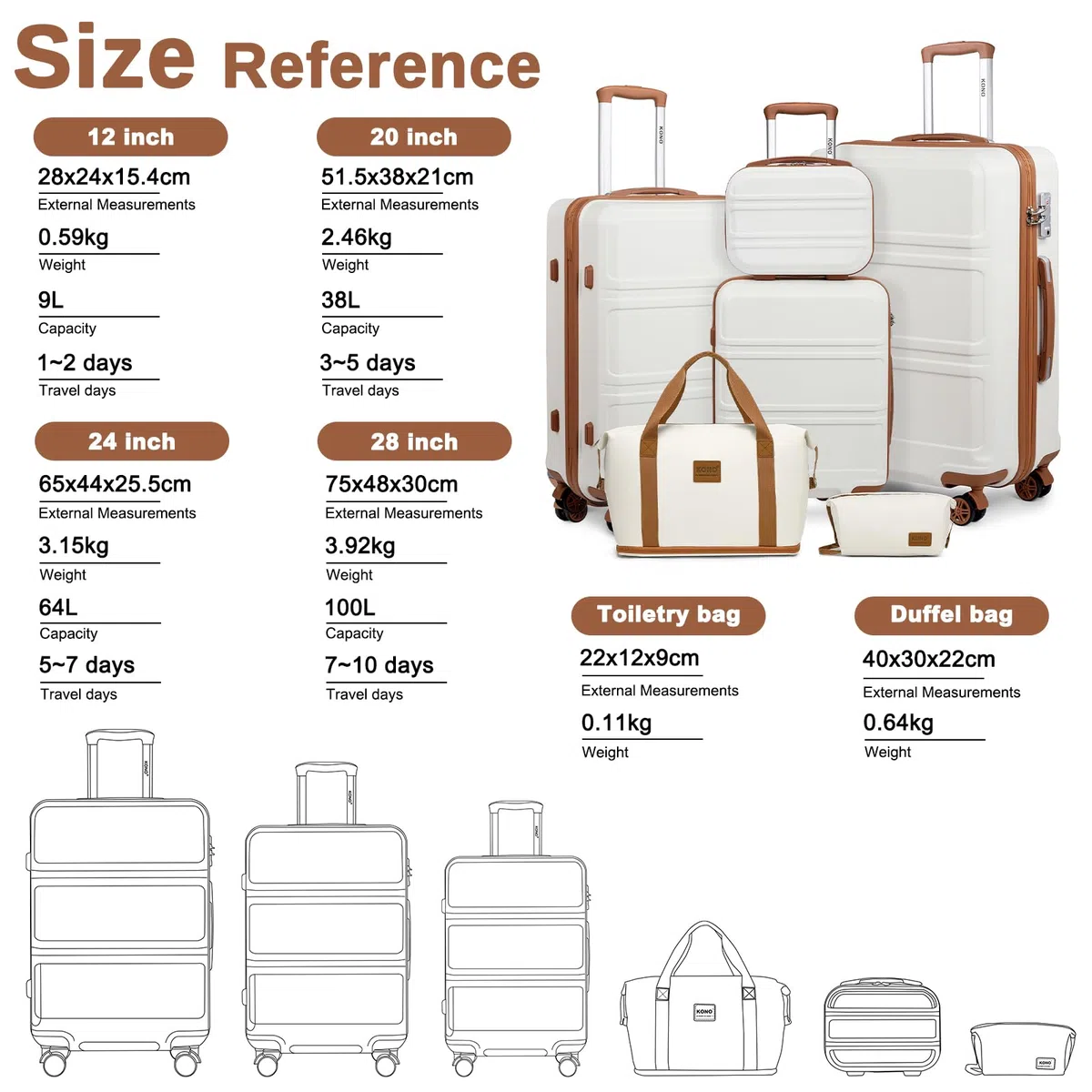 Kono Set de 6 Valises de Voyage Rigide (55/65/74cm) à 4 roulettes, avec Vanity Case, Sac de Voyage Pliable pour Le Sport et Trousse de Maquillage, Blanc Crème