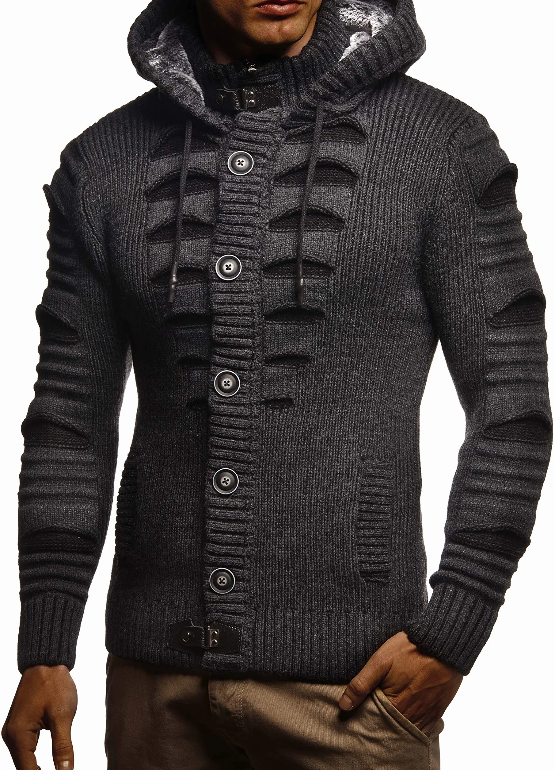 Leif Nelson LN5605 - Cardigan en tricot à capuche pour homme - Élégante veste de loisirs - Coupe ajustée