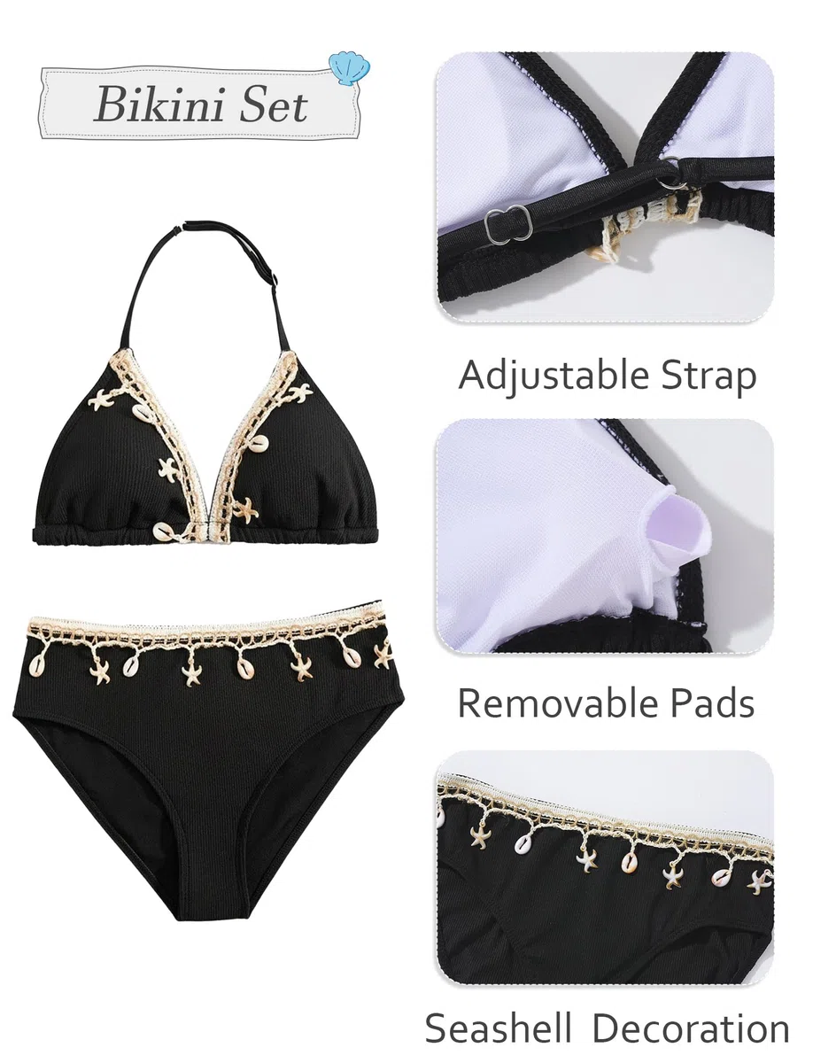 Maeau Bikini Maillot de Bain Coquilles 3 Pièces pour Fille 8-12 Ans, Haut de Bikini+Culotte+Jupe, Ensemble de Natation, Plage, Piscine