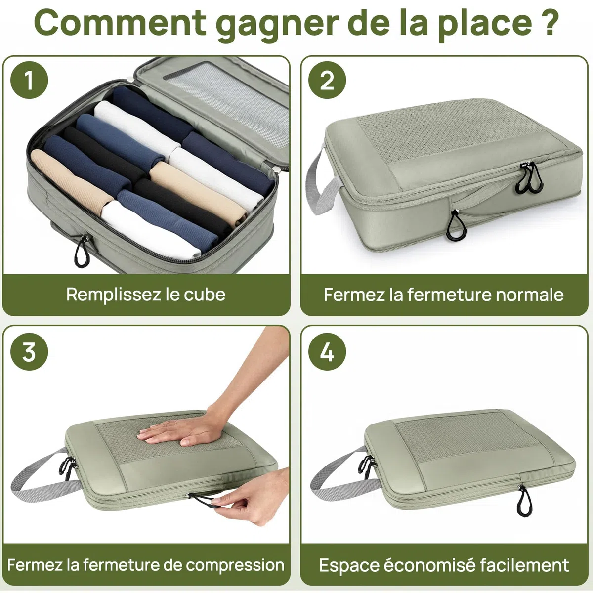 Rangement Valise, Ultraléger Organisateur Valise Compression, Extensible Voyage Packing Cubes Compression Sac Organiseurs de Bagage, Organisateur Valise Compressible (Gris Vert, 6 Pièces)