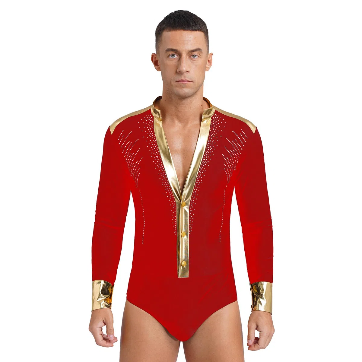 Sywiyi Body de danse standard à manches longues pour homme - Maillot latin Salsa Cha Cha - Chemise haut avec col en V - Costume de danse pour homme