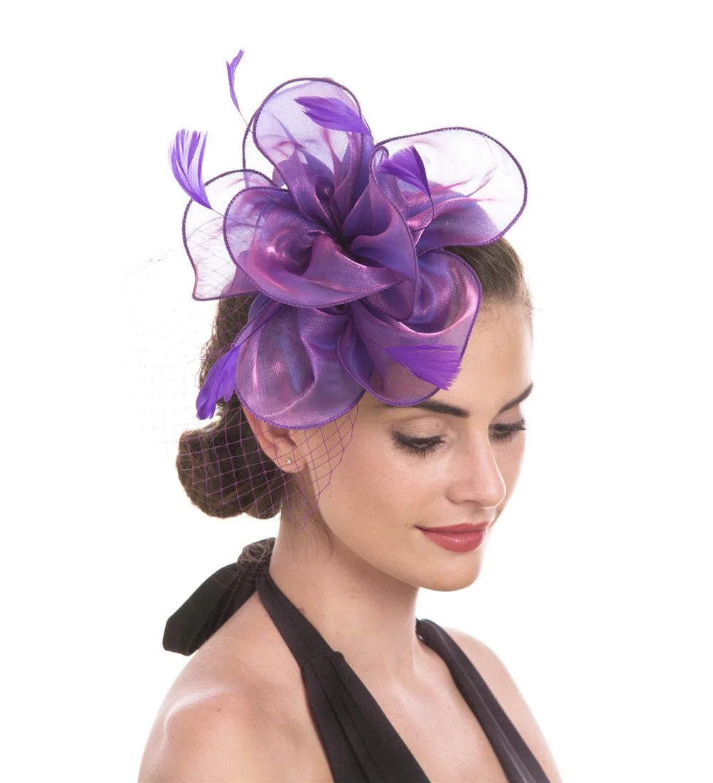 Haojing Fascinators Wedding Chapeau Cocktail Tea Party Royal Ascot Chapeaux Flower Mesh Rubans Plumes sur Un Bandeau et Un Clip de Pelle pour Les Filles et Les Femmes