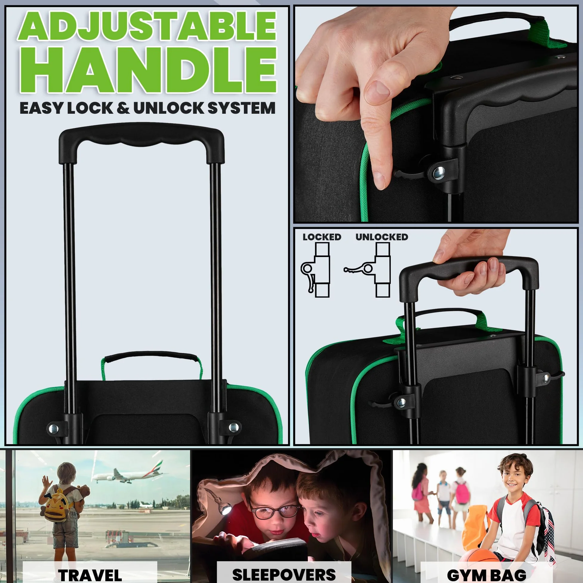 Minecraft Valise Enfant Garcon Sac Trolley Creeper Valise Pliable avec Roulette Bagages Enfant pour Voyage Vacances École, 40x30x14cm, 15L (S, L46cm x W30cm - 17L, Noir)