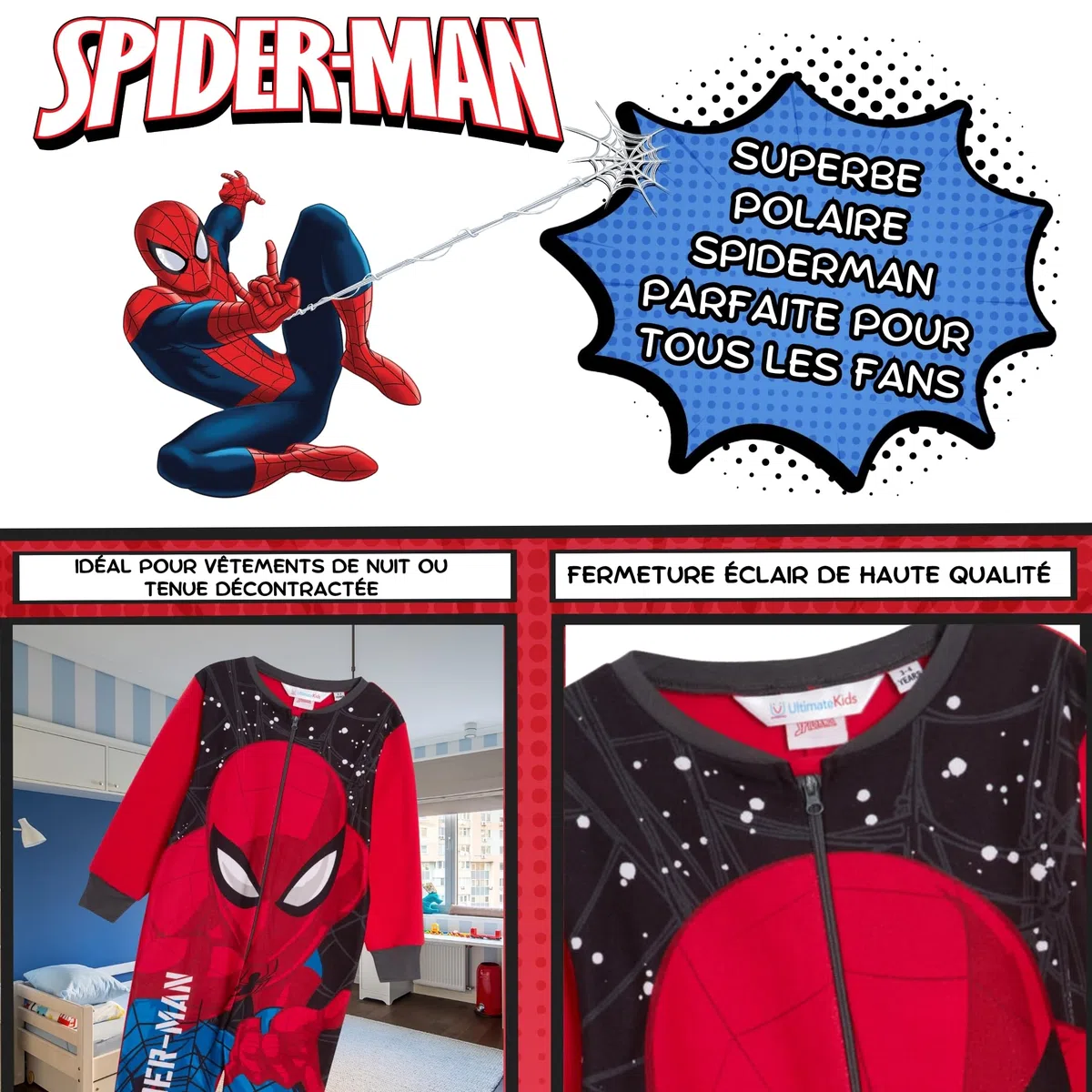 Marvel Le Pyjama Officiel Spiderman pour garçons, en Polaire, Tout-en-Un, Pyjamas pour Enfants, PJs, avec Fermeture éclair, vêtements de détente