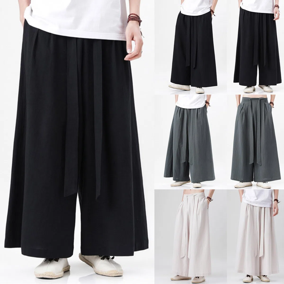 Hakama Pantalon samouraï pour homme - Pantalon de yoga japonais avec jambes larges - Coupe ample - Pantalon baggy sarouel - Couleur unie - Pantalon de jogging hip hop gothique streetwear Harajuku
