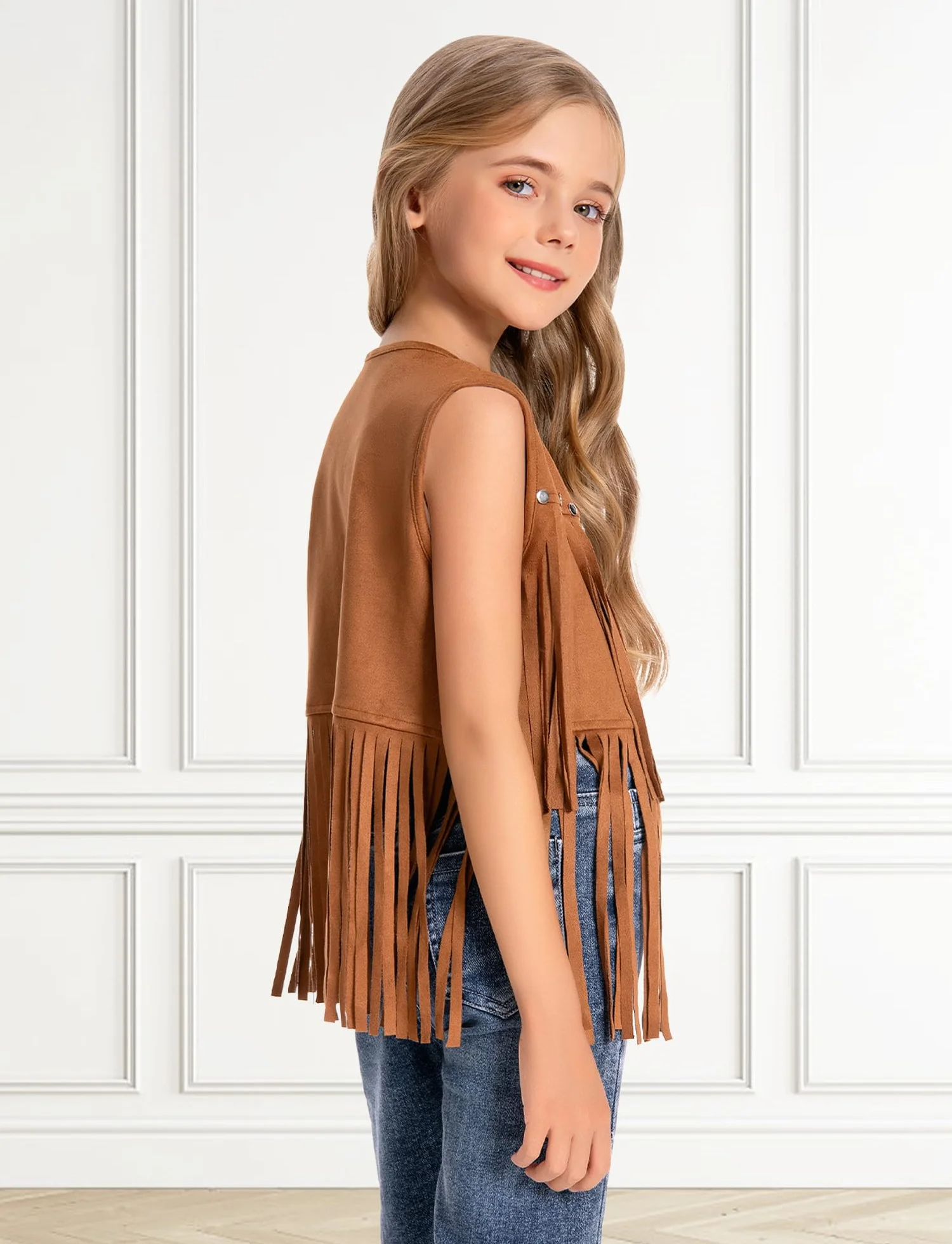 SEAUR Gilet à Franges pour Fille Hippie Gilet Cowgirl Western avec Rivets Veste Sans Manches en Similicuir Vêtements Style Années 60-70 Enfants 5-12 ans
