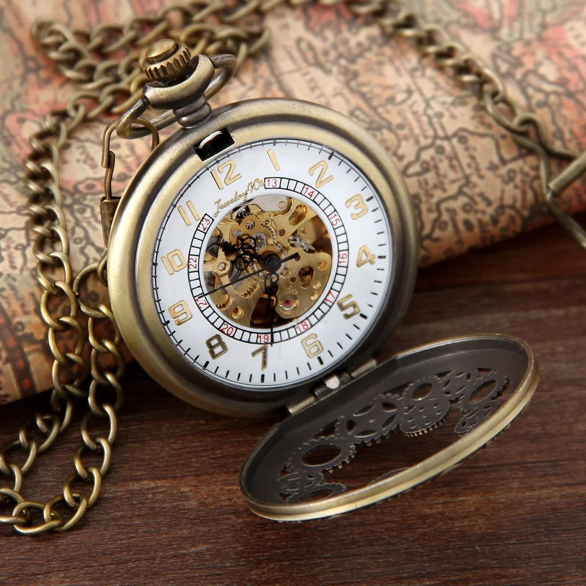 JewelryWe Montre à Gousset Homme Mécanique Automatique,Montres de Poche à Quartz Vintage Bronze,Montre Gousset Steampunk Homme Rétro avec Engrenage Mécanique pour Déguisement et Costume,1 ATM Etanche