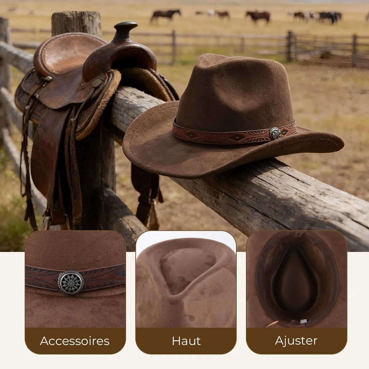 Chapeau Western en Daim Denim Unisexe, Chapeau de Cowboy à Large Bord, idéal pour la décoration DIY (Marron)