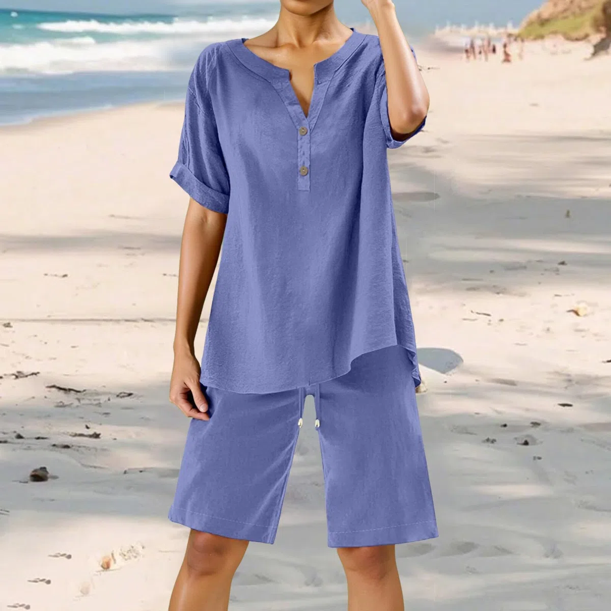 Ensemble en Lin Femme 2 Pièces Survêtement Coton et Lin Ete Chic Elegant Grande Taille Tunique Chemise + Pantacourt Décontracté Sport Jogging Respirant Plage Suit