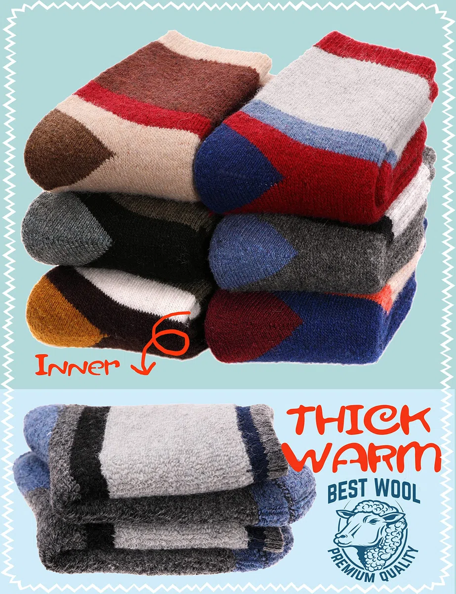 Sandsuced 6 Paires Chaussettes Chaudes Enfant en Laine Mérinos,Chaussettes épaisses Hiver Thermique pour Garçon Fille 22-34