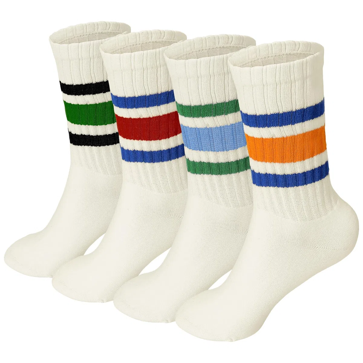 Meng Jiaran Lot de 4 paires de chaussettes de sport pour femme et homme, chaussettes rondes rayées pour femme et homme, taille 4-7, chaussettes décontractées en coton rétro athlétiques pour femme et