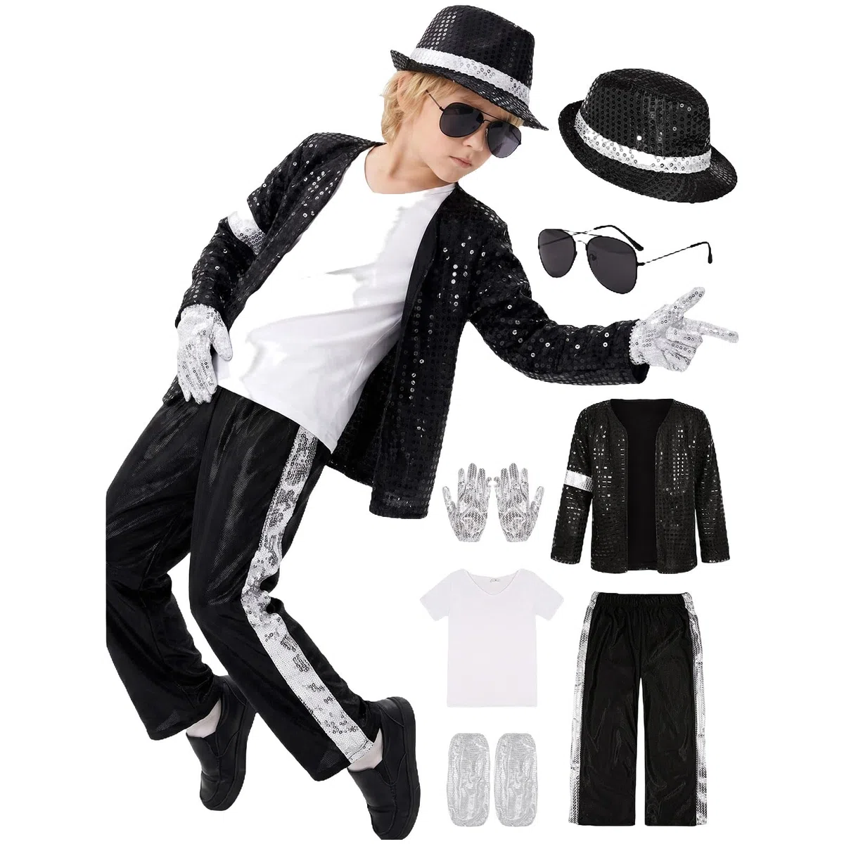 Générique Deguisement Roi de la Pop Garcon - Veste et Pantalon à Paillettes Noire Années 80-90 avec Chapeau Gant, Tenue Moonwalk pour Halloween Fete Spectacle Enfant 4-12 Ans