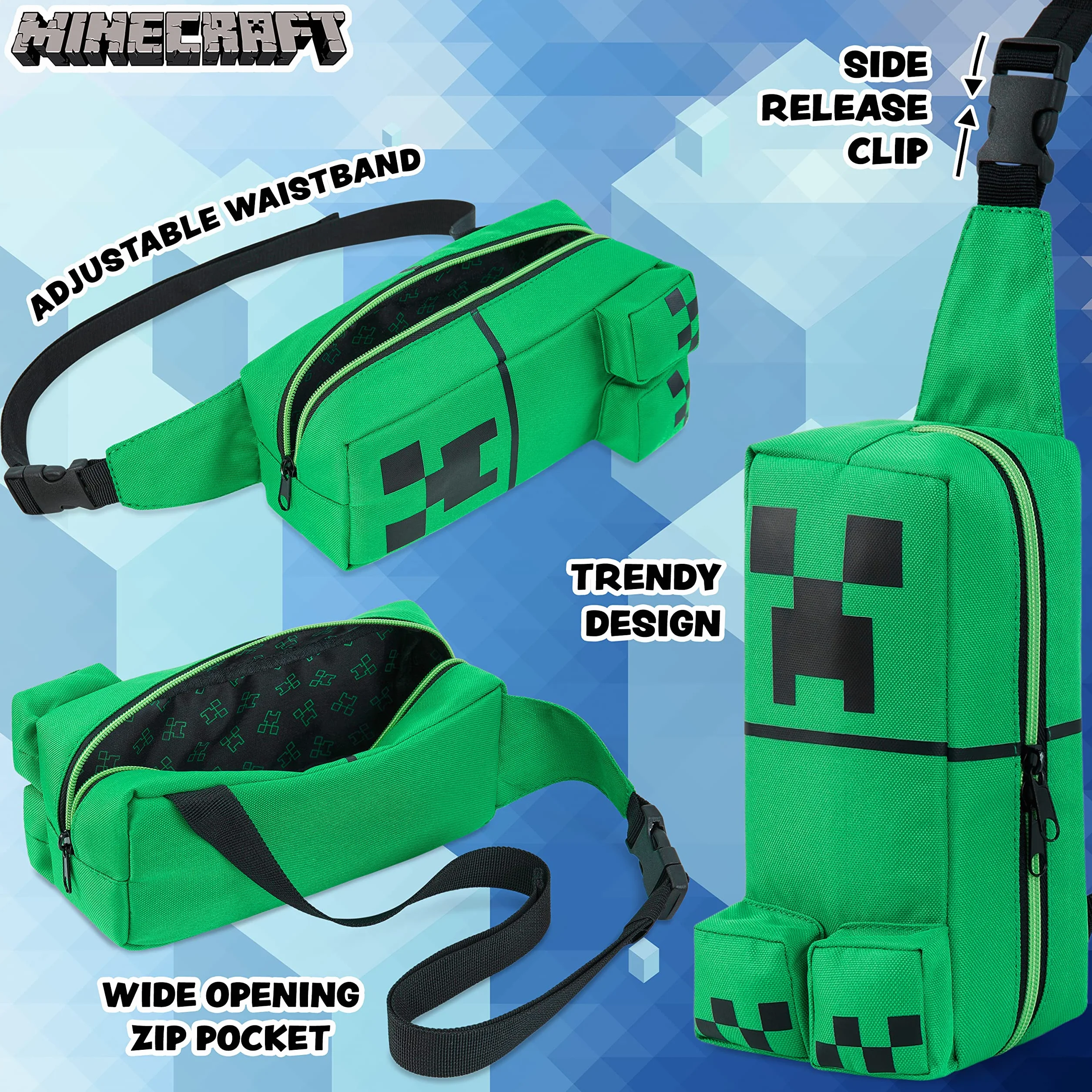 Minecraft Sac Bandouliere pour Garcon Ado, Sac Poitrine avec Sangle Réglable pour Voyage, Argent et Téléphone, Idee Cadeau Gaming Accessoire