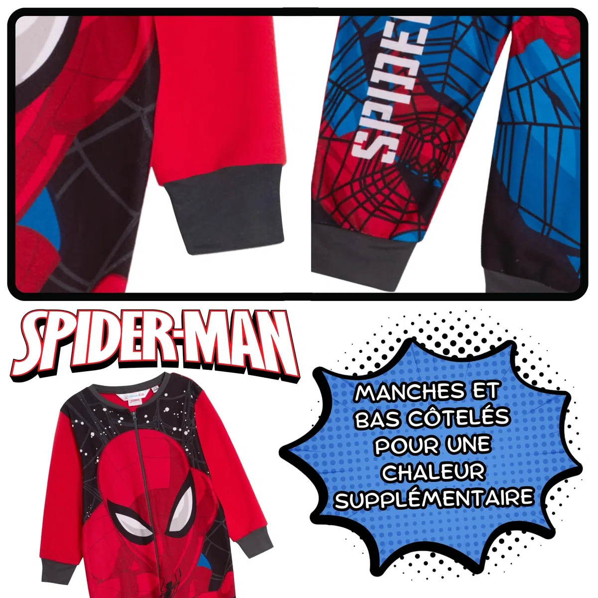 Marvel Le Pyjama Officiel Spiderman pour garçons, en Polaire, Tout-en-Un, Pyjamas pour Enfants, PJs, avec Fermeture éclair, vêtements de détente