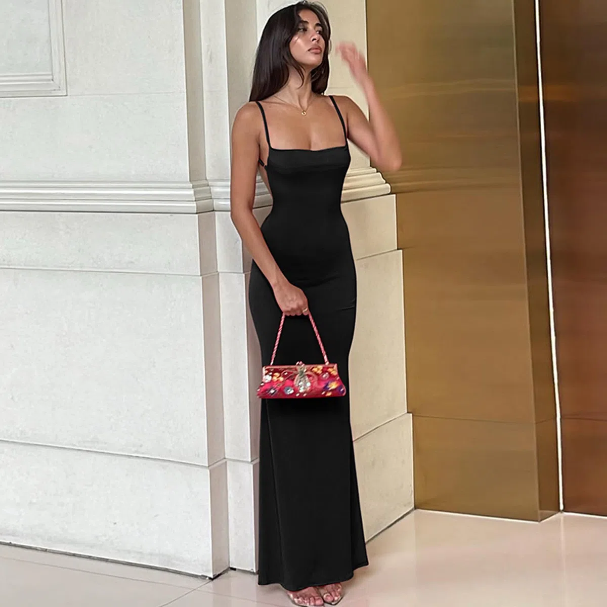 Robe Femme Sexy Robe Longue Moulante Dos Nu Bodycon Robe de Soirée Longue D'éte Maxi Robe sans Manches Elégant Skinny Slim Fit Robe de Cocktail Club Robe à Spaghetti Bretelle pour Party