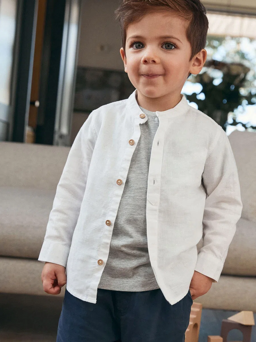 NEXT Garçon Chemise en Lin mélangé à col Tunisien Blanc 6 Ans-7 Ans