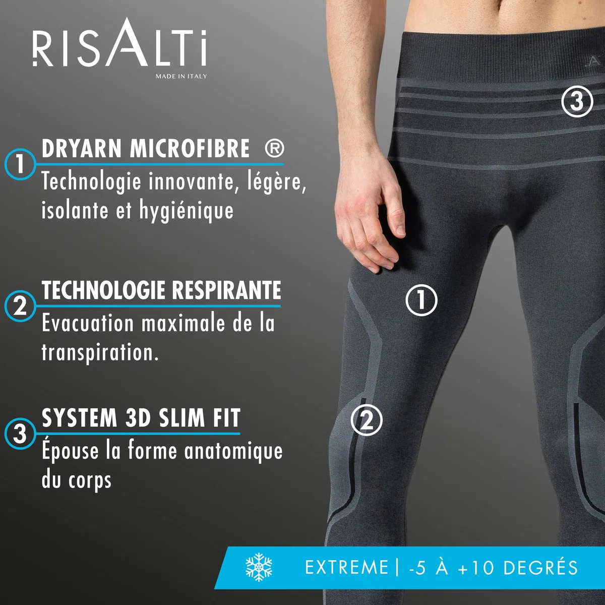 Risalti Pantalon Homme Femmes Thermiques Unisexes Extreme - Legging Polaire d'hiver, sous Vetement Thermique Femme Homme, Collant Thermique Respirants, Extensibles sans Coutures - Made in Italy