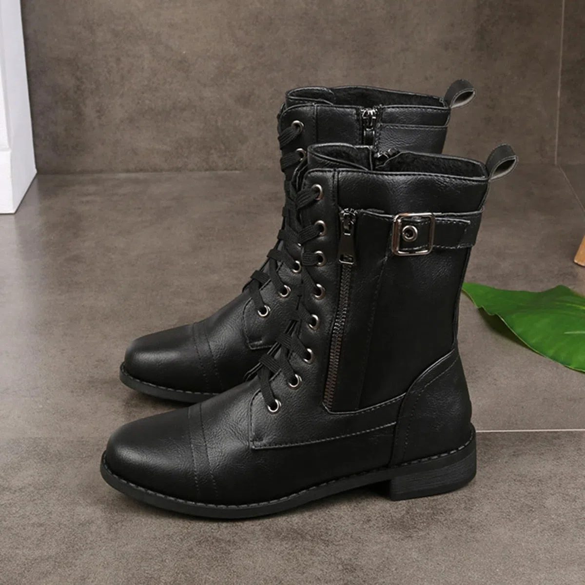 Bottes pour femme - Bottines plates à lacets avec fermeture éclair latérale - Grandes tailles - Bottes en cuir - Couleur unie - Bottes mi-hautes antidérapantes pour l'automne et l'hiver
