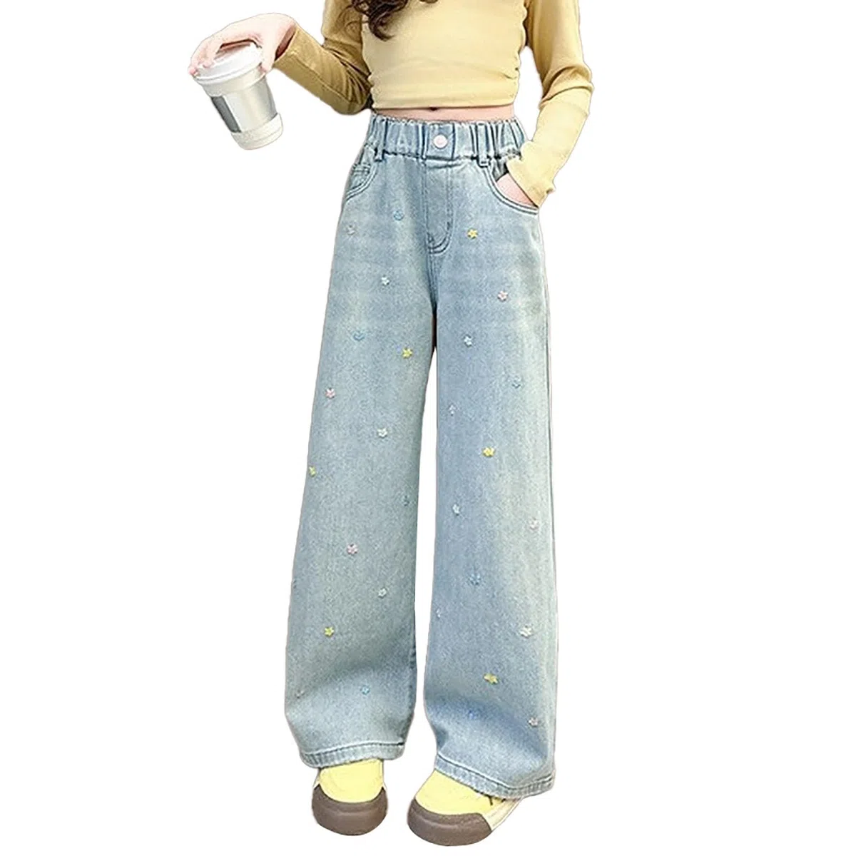 Pantalon de jogging baggy pour garçons et filles - Jean vieilli - Taille élastique - Baggy Denim - Pantalon large