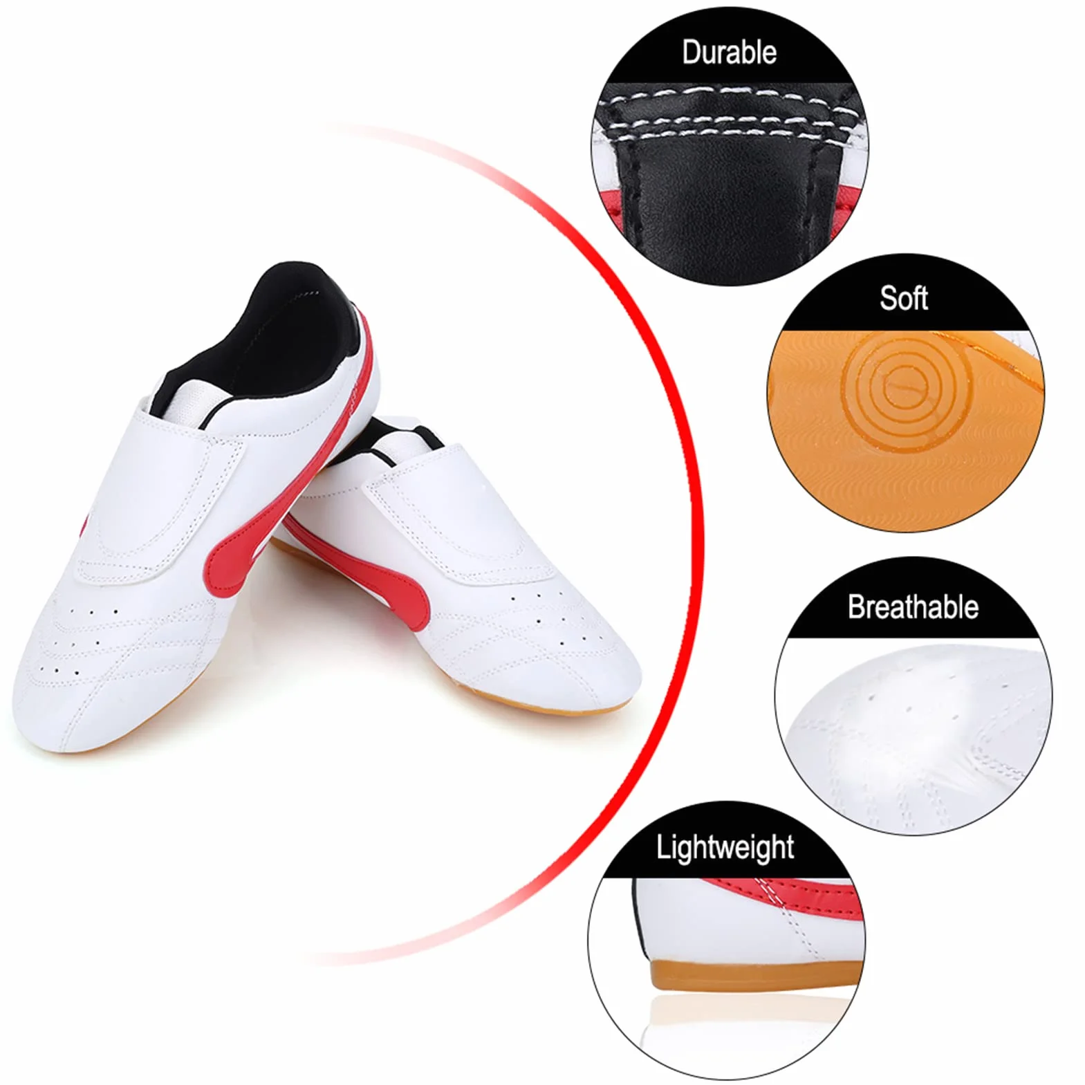 Chaussures De Taekwondo Unisexe Respirant Boxe Kung Fu Tai Chi Sport Chaussures De Gymnastique Chaussures Légères pour Enfants Adultes(38-Blanc et Rouge)