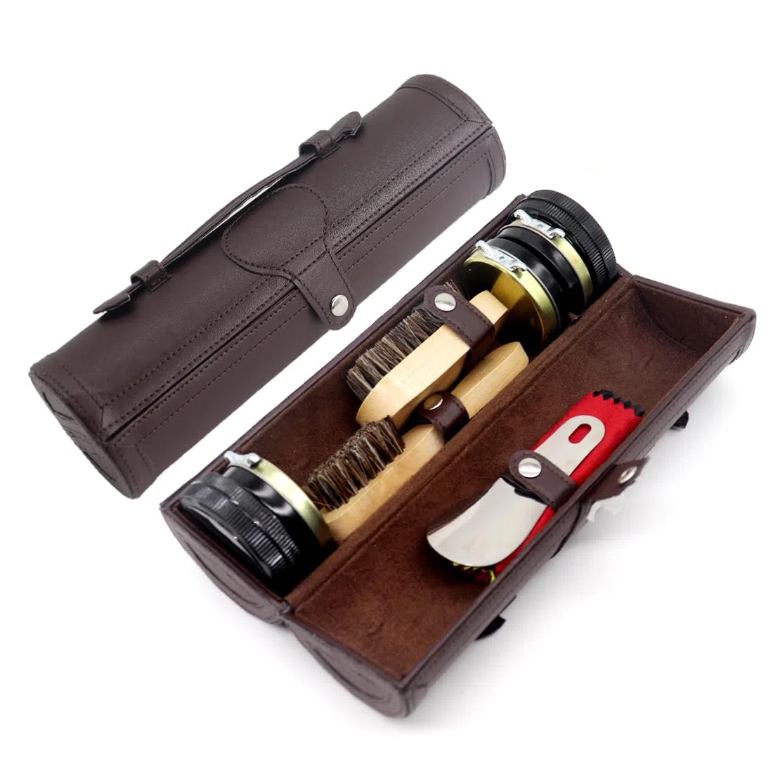Kit d'Entretien de Chaussures 12 Pièces - Cirage Pour Cuir Avec Cire Marron et Noire, Brosses de Polissage - Compact, Marron