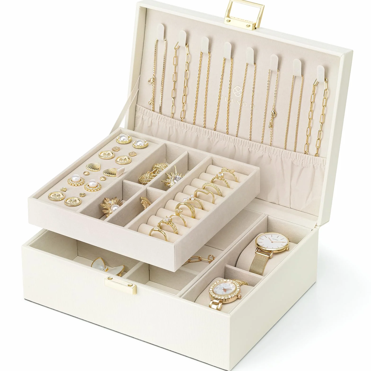 Vlando Boîte de rangement à bijoux en cuir à 2 niveaux avec coussins de montre pour femme et fille, organisateur de bijoux, idée cadeau