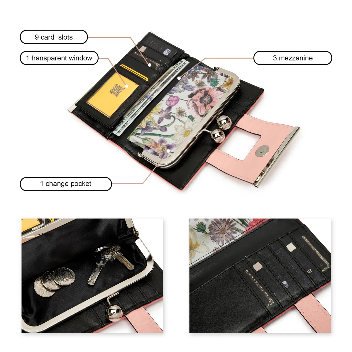 AFKOMST Portefeuille pour Femme en Cuir de Grande capacité Sac à Main Long avec 10 Compartiments pour Cartes et Clips et Porte-Monnaie zéro avec Boucle au Milieu.., 01b-Papillon