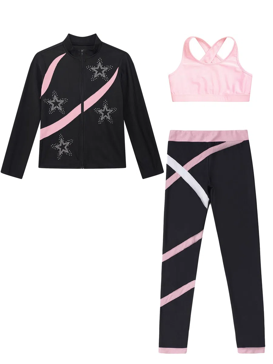 YiZYiF Ensemble Patinage Artistique Enfant Fille Manches Longues Vestes Top Strass Zippée et Débardeur Legging de Sport Survêtement Justaucorps Gymnastique 5-16 ans