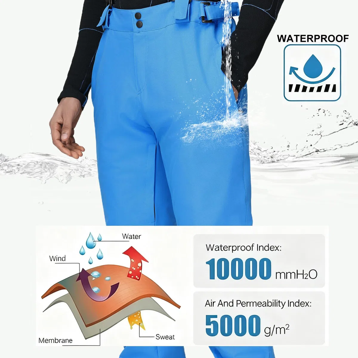 HOUZONIY Pantalon de ski pour homme - Doublure - Avec bretelles - Imperméable - Coupe-vent - Pantalon de ski - Pantalon de snowboard - Pantalon d'extérieur
