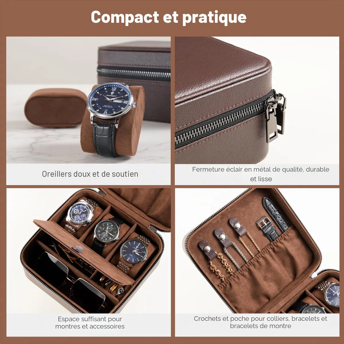 ProCase Boite Montre Voyage, Rangement Bijoux Portable Homme, avec 3 Emplacements Coussin Montre -Marron