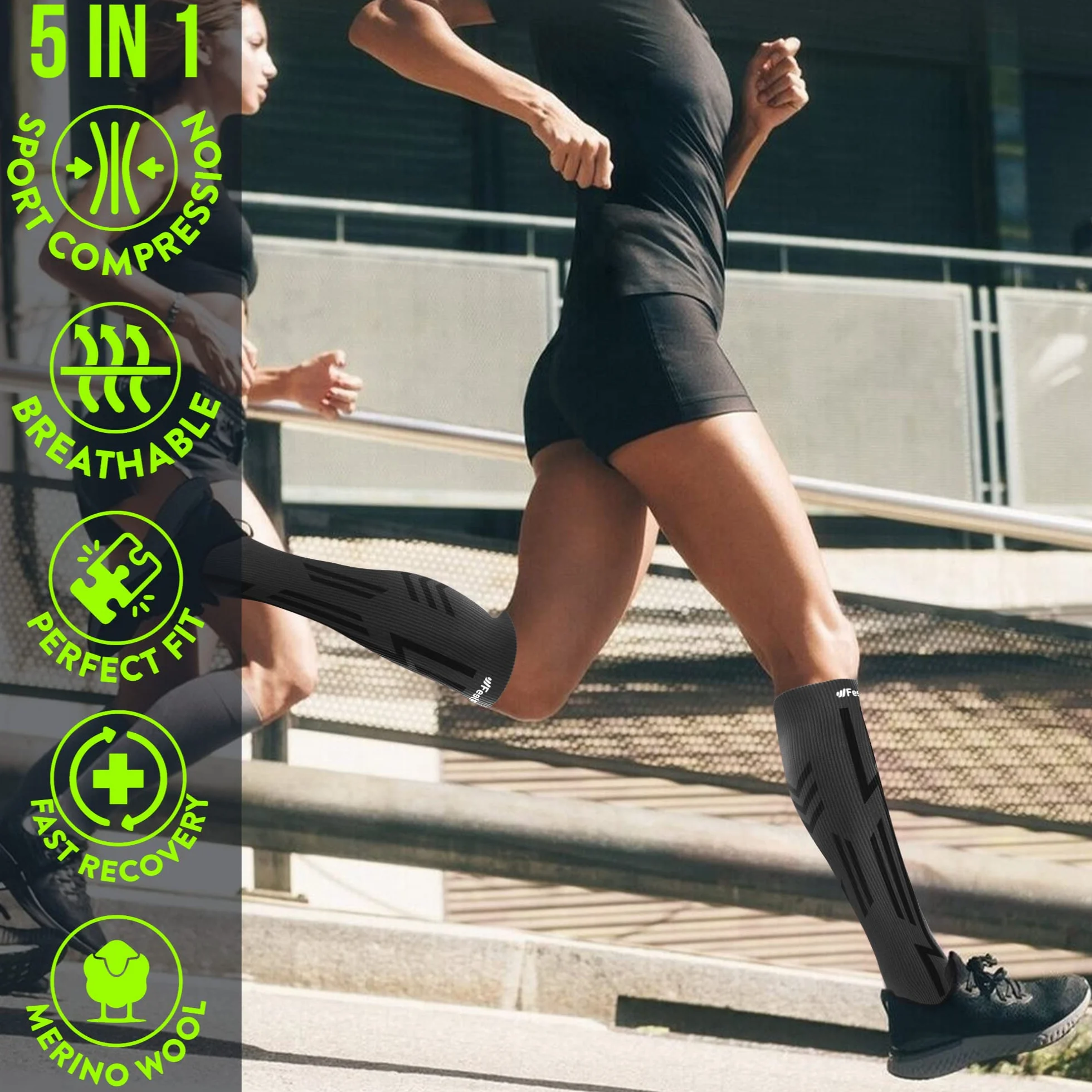 Bas de Contention Homme & Femme (1 Paire) - Chaussettes Compression Sport, Running, Ski, Athlétisme - Manchons Contention Voyage, Travail & Récupération - Chaussettes Longues Respirantes Laine Mérinos