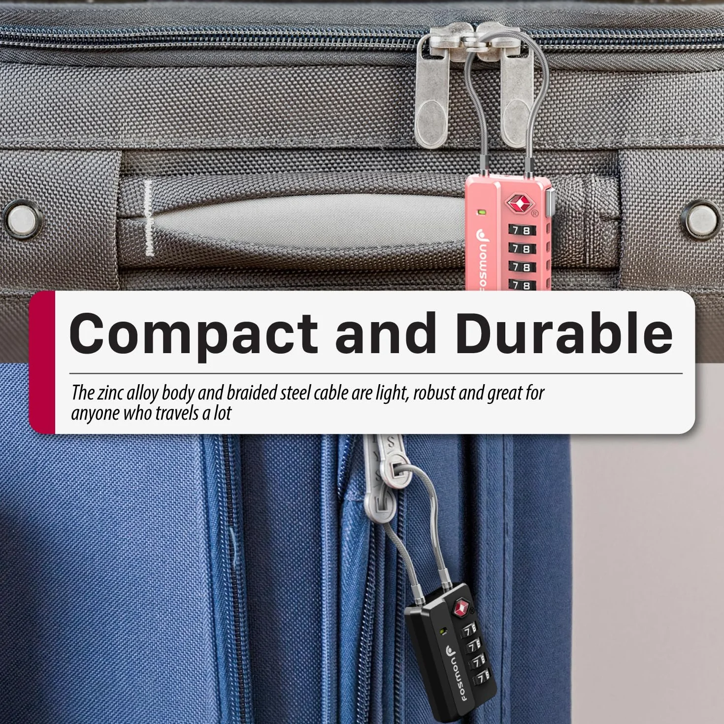 Fosmon - Cadenas Code TSA pour Bagages 4 Couleurs, Cadenas Câble à 4 Chiffres pour Valise, Sac de Voyage, Casier, etc. Lot de 4 Cadenas – Noir, Bleu, Violet, Rose