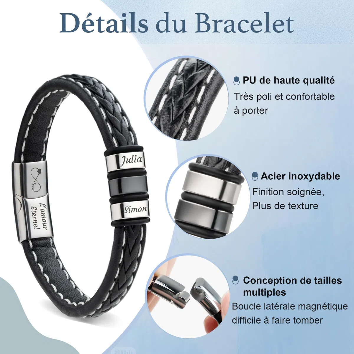 Easycosy Bracelet Homme Personnalisé- Cadeau Fete des Peres pour Papa Bracelet en Cuir avec Prénom ou Texte Gravé- Cadeau Unique pour Homme, Papa Papy Copain Mari Anniversaire Noël Fête des Pères