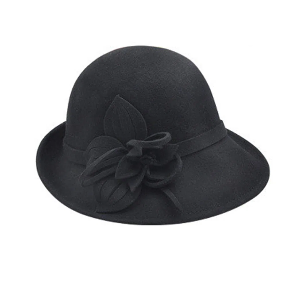 Ulalaza Hiver Laine Large Bord Lacet Fleur Bow Vintage Seau Femmes Soft Cap