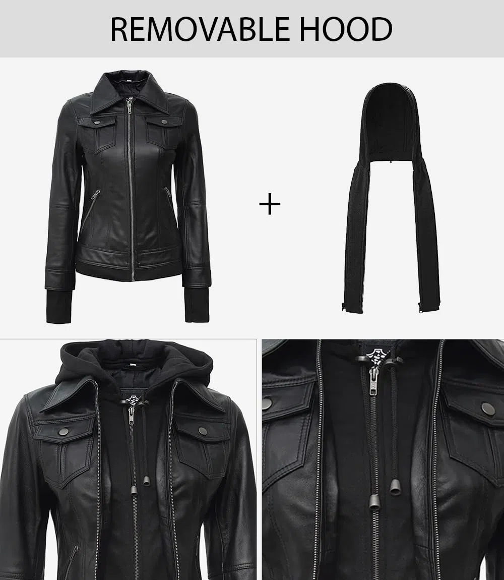 fjackets Blouson bomber à capuche en cuir d'agneau véritable pour femme avec capuche amovible
