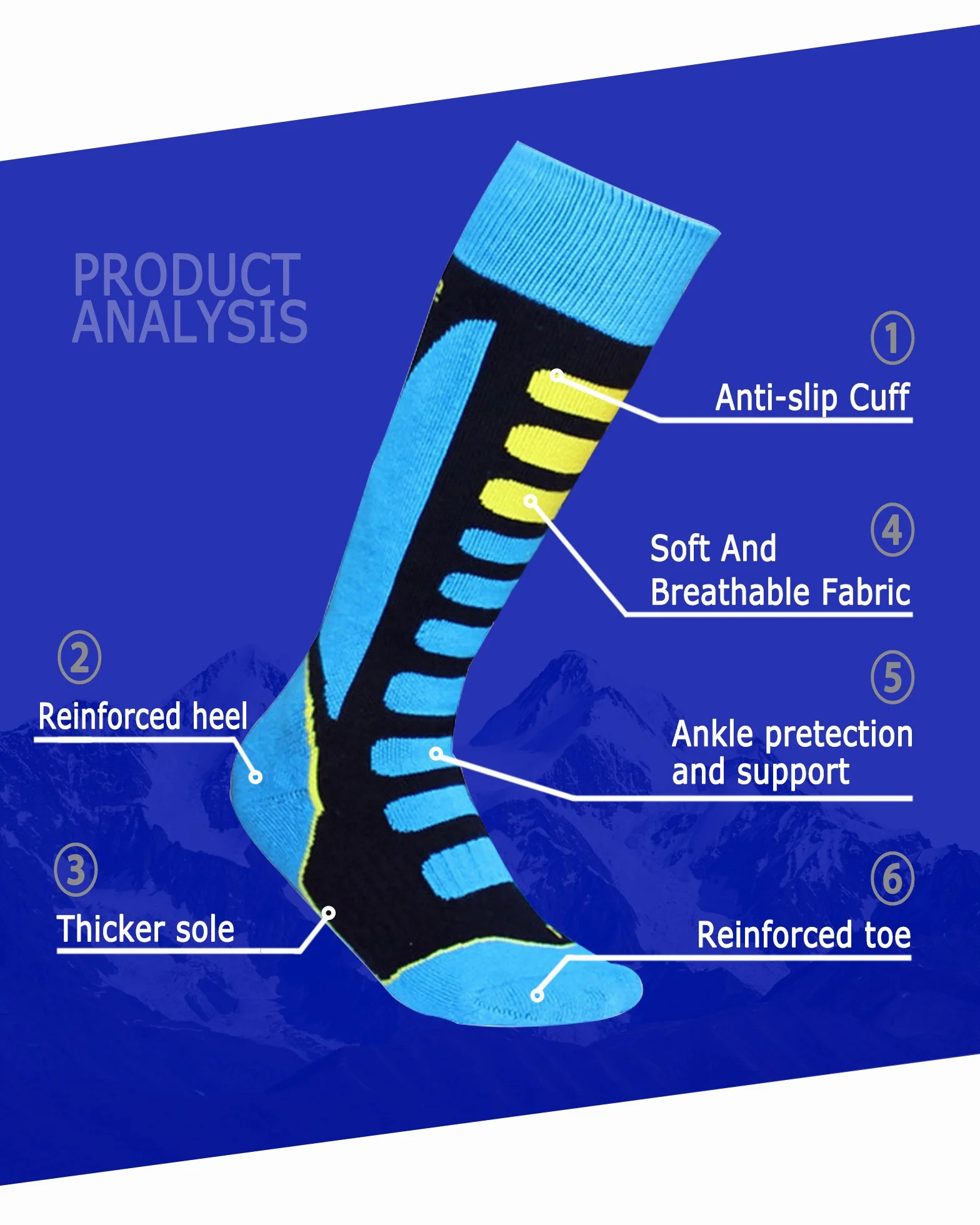 2 Paires Chaussettes de Ski Garçon Fille Chaude pour Ski, Randonnée, Cyclisme, Chaussette de Sport Hiver Contrôle de l'Humidité Anti-Odeur Anti-Bactérienne Noir/Bleu - EU 35-38
