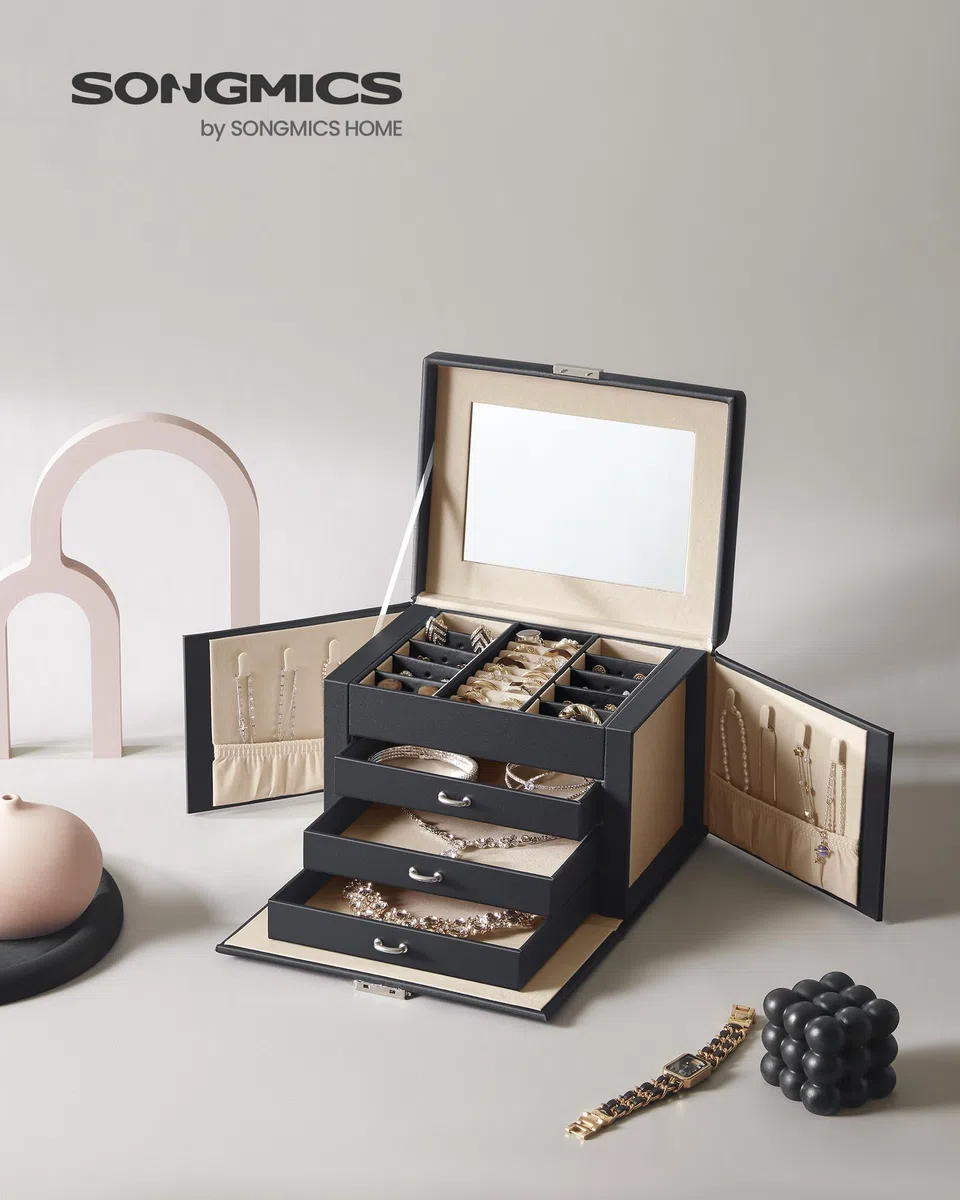 SONGMICS Boîte à Bijoux 4 Niveaux, Écrin à Accessoires avec 3 Tiroirs, Coffre de Rangement, Poignées, Miroir Intérieur, Verrouillable, Rangement pour Bijoux, pour Montres, Noir d'Encre JBC159B01