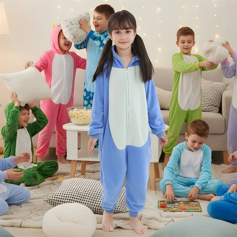 Pyjama Une pièce Bleu à Motif Dessin, Pyjama Doux en Polaire avec Capuche, grenouillère Amusante et Confortable