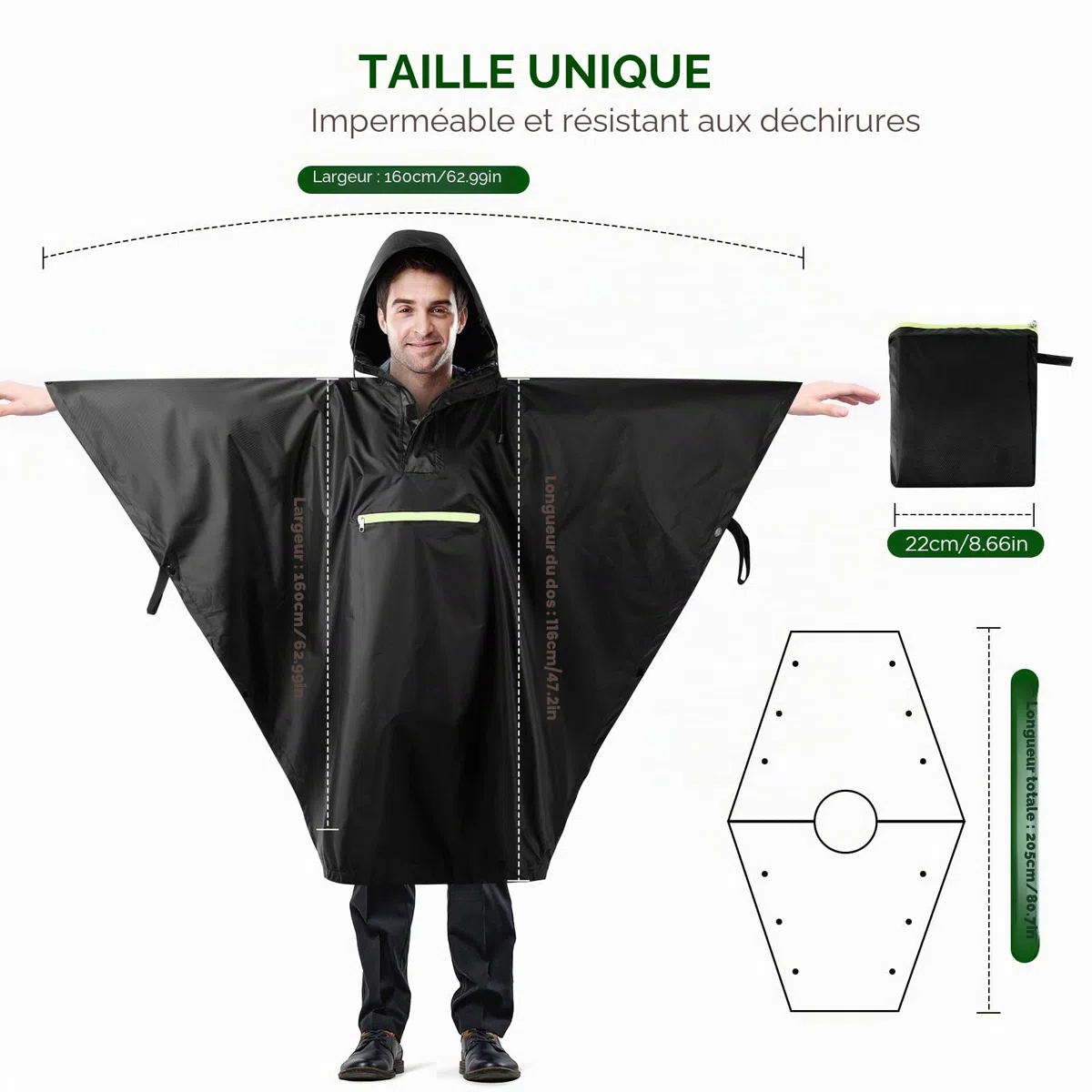 AiQInu Poncho Pluie Imperméable avec Manches Ventilées, Poche à Capuche, Bandes Réfléchissantes, Légère et Réutilisable, Pour le Camping, la Randonnée, l'Extérieur et l'Utilisation Quotidienne