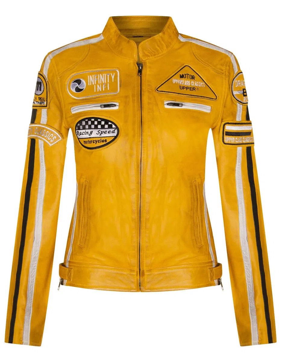 Infinity Leather Femmes cuir Décontracté Veste de moto de course avec badges