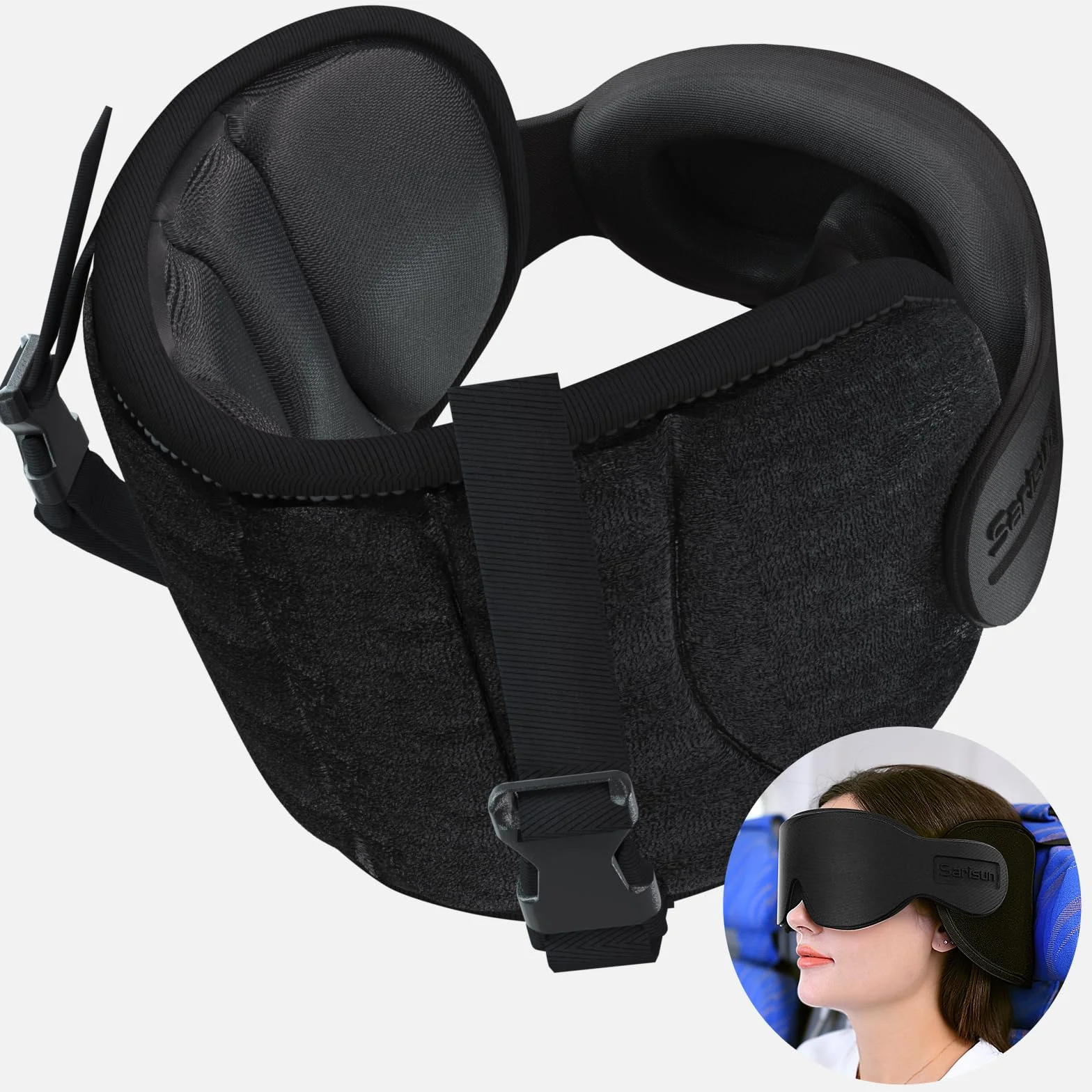 SARISUN Oreiller de Voyage, Oreiller Cervical avec Masque pour Les Yeux, Oreiller d'avion pour Long vol, Oreiller de Voyage pour Voiture, Appui-tête de Voiture, Noir