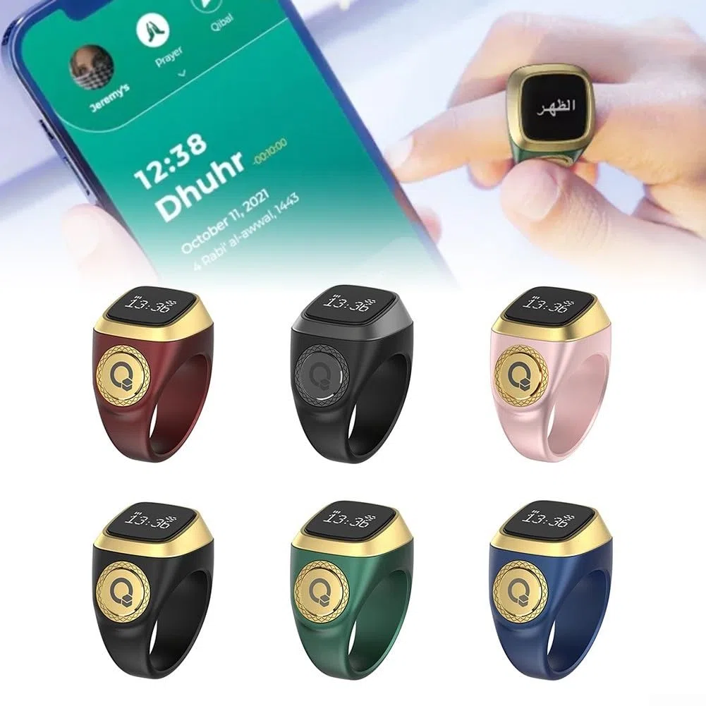 Bague Zikr intelligente par IQibla - Bague compteur numérique étanche intelligente, avec 5 notifications d'heure de prière et alertes par vibration pour hommes et femmes avec 3 tailles (20